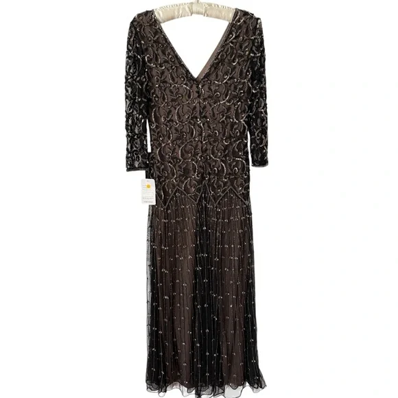 Pisarro Nights Beaded Mesh midi Gown 3/4 sleeve 2P - Picture 5 of 10
